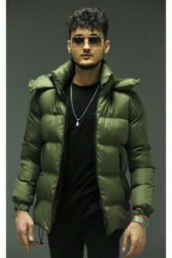 Bonissimo Yeni Sezon Erkek Deri Fermuarlı Şişme Yeşil Mont