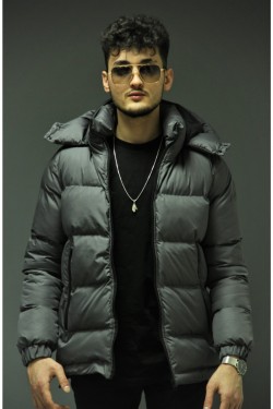 Bonissimo Yeni Sezon Erkek Deri Fermuarlı Şişme Gri Mont