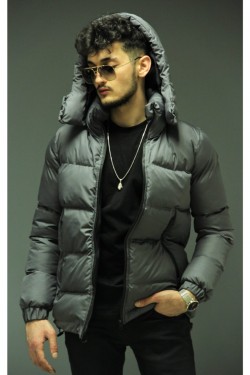 Bonissimo Yeni Sezon Erkek Deri Fermuarlı Şişme Gri Mont